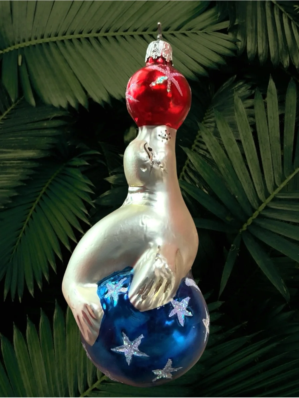 VTG German Mercury Glass Circus Seal Ornament Mica Trim Hand Painted Glitter